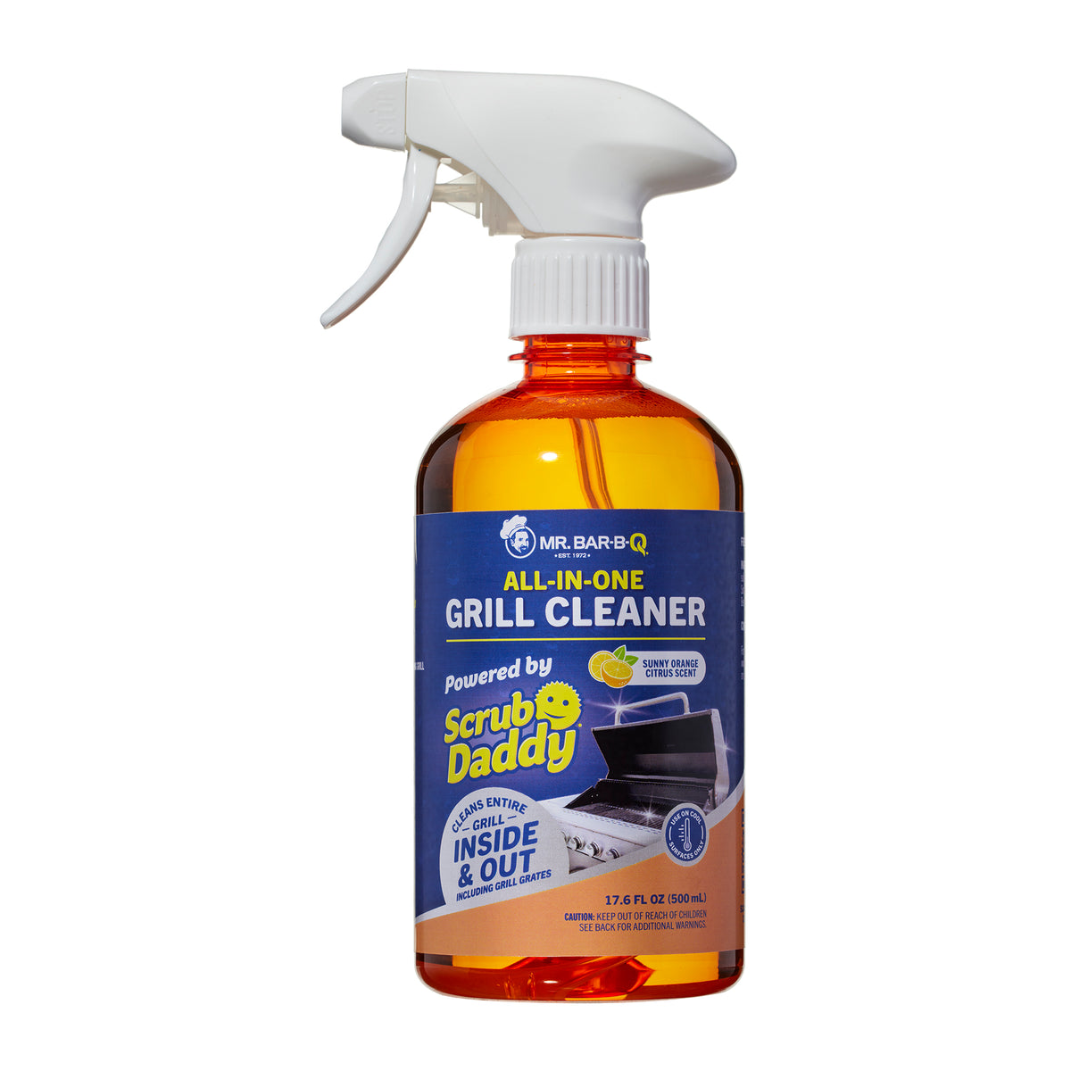 Mr. Bar-B-Q All-In-One Grill Cleaner bottle powered by Scrub Daddy with sunny orange citrus scent, shown in a 17.6 fl oz spray bottle, designed for cleaning grills inside and out, including grates.