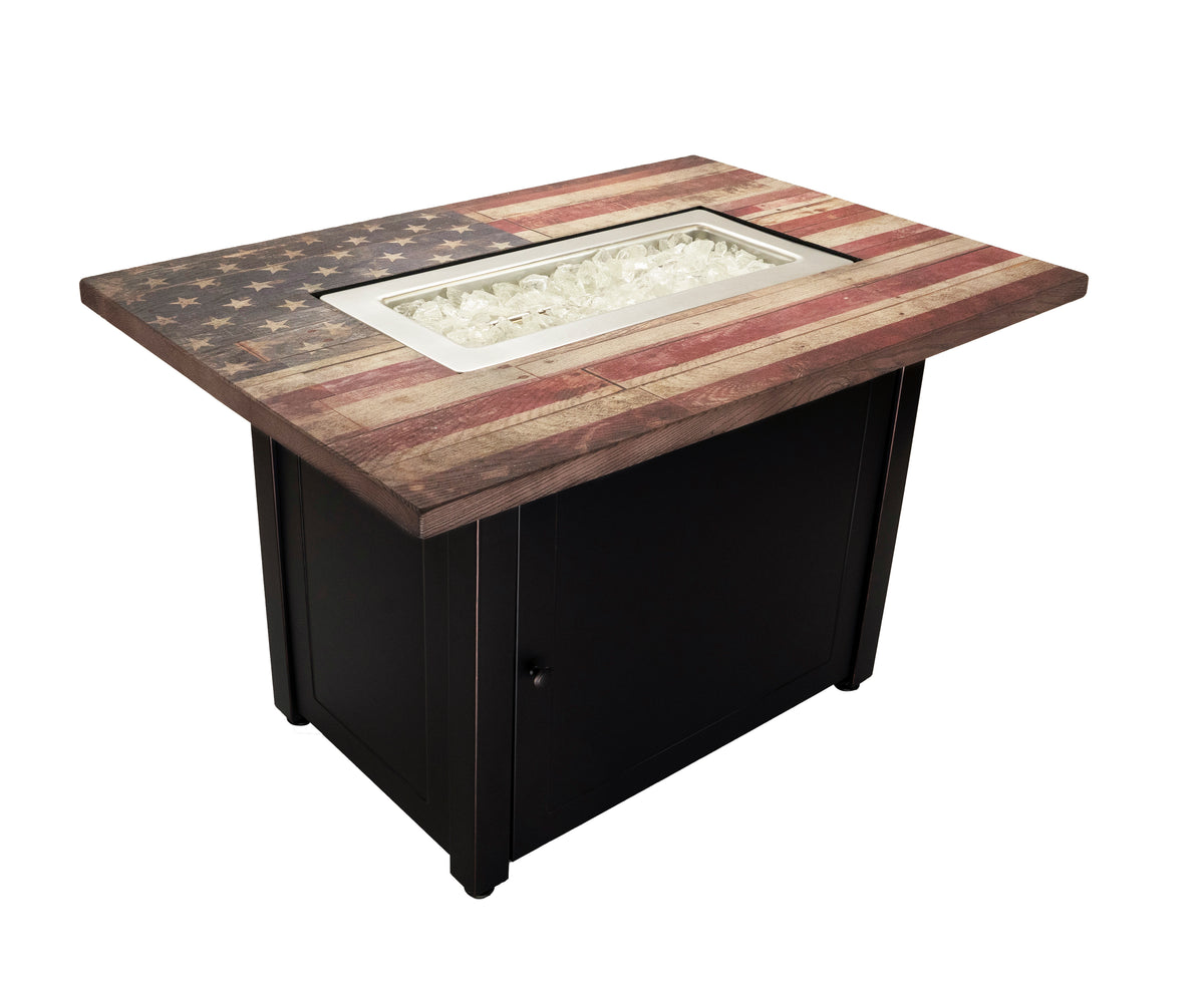 The Americana 40 x 28 Inch Rectangular 40,000 BTU Patio Outdoor LP Gas Fire Pit w/White Fire Glass, American Flag Mantel, and Cover