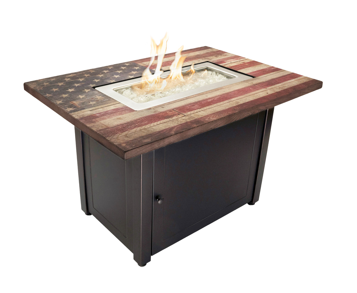 The Americana 40 x 28 Inch Rectangular 40,000 BTU Patio Outdoor LP Gas Fire Pit w/White Fire Glass, American Flag Mantel, and Cover