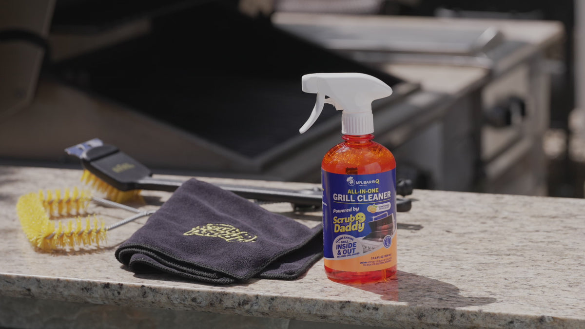 Mr. Bar-B-Q All-In-One Grill Cleaner bottle powered by Scrub Daddy with sunny orange citrus scent, shown in a 17.6 fl oz spray bottle, designed for cleaning grills inside and out, including grates.