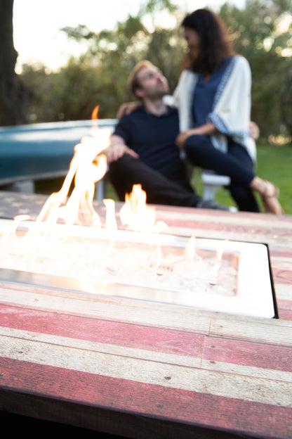 The Americana 40 x 28 Inch Rectangular 40,000 BTU Patio Outdoor LP Gas Fire Pit w/White Fire Glass, American Flag Mantel, and Cover
