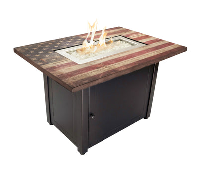 The Americana 40 x 28 Inch Rectangular 40,000 BTU Patio Outdoor LP Gas Fire Pit w/White Fire Glass, American Flag Mantel, and Cover
