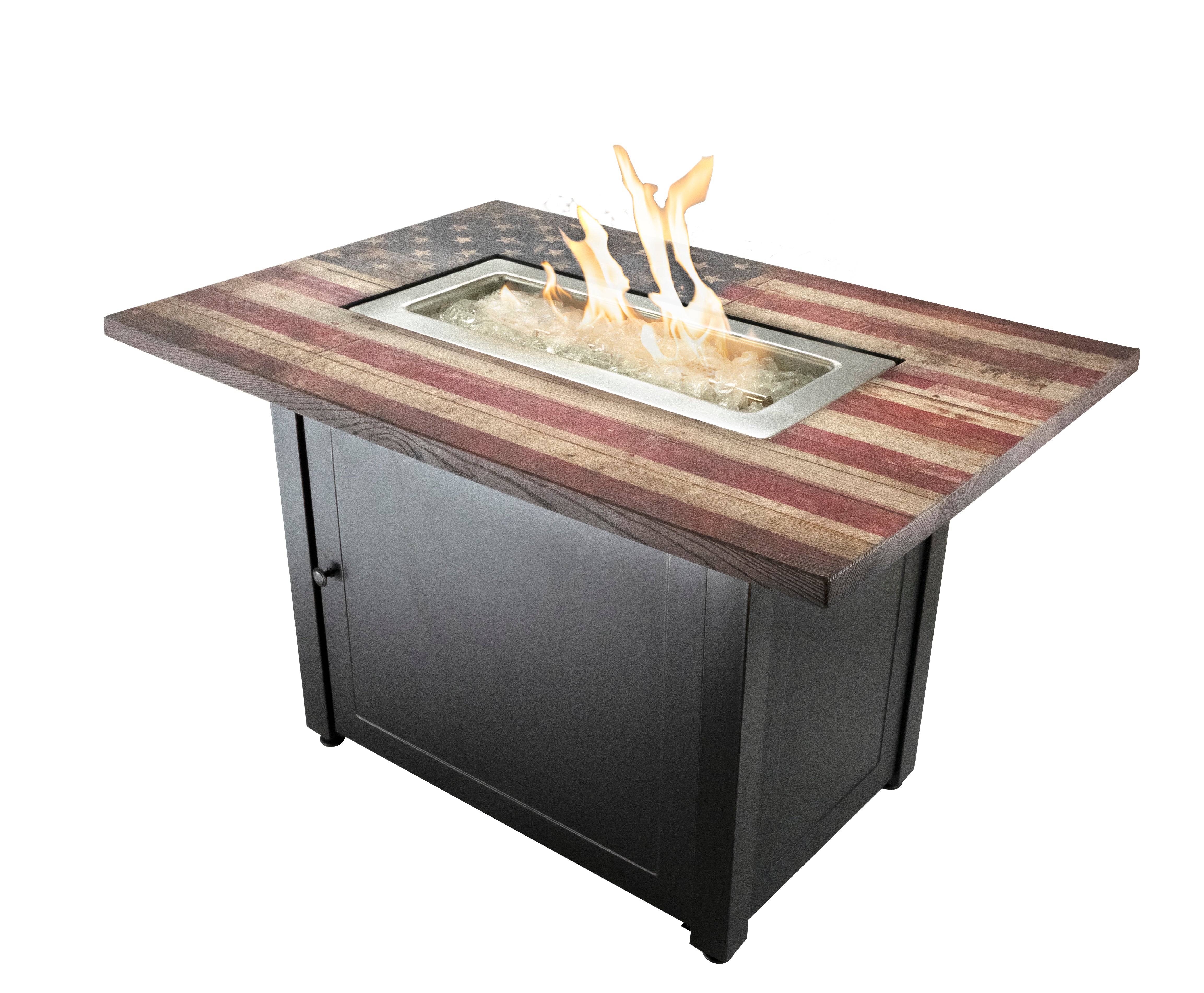 The Americana 40 x 28 Inch Rectangular 40,000 BTU Patio Outdoor LP Gas Fire Pit w/White Fire Glass, American Flag Mantel, and Cover