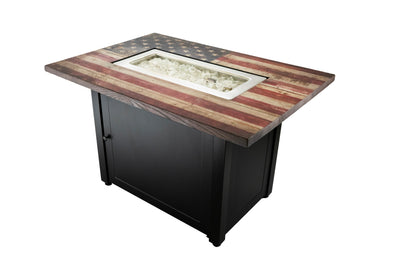 The Americana 40 x 28 Inch Rectangular 40,000 BTU Patio Outdoor LP Gas Fire Pit w/White Fire Glass, American Flag Mantel, and Cover