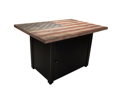 The Americana 40 x 28 Inch Rectangular 40,000 BTU Patio Outdoor LP Gas Fire Pit w/White Fire Glass, American Flag Mantel, and Cover